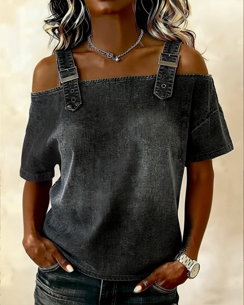 Schulterfreie Bluse aus Denim mit Hosenträgern