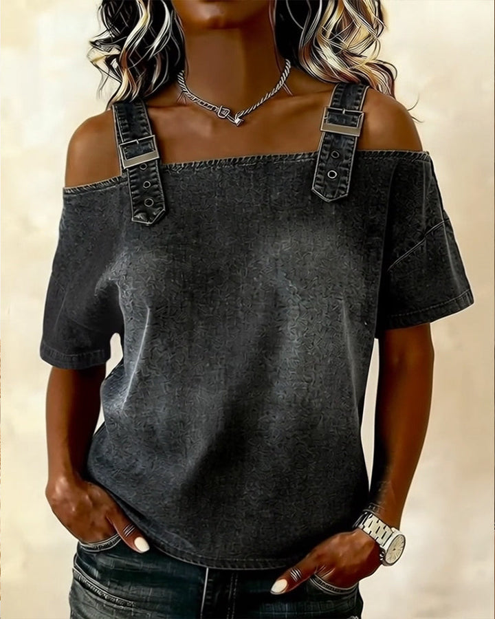 Schulterfreie Bluse aus Denim mit Hosenträgern