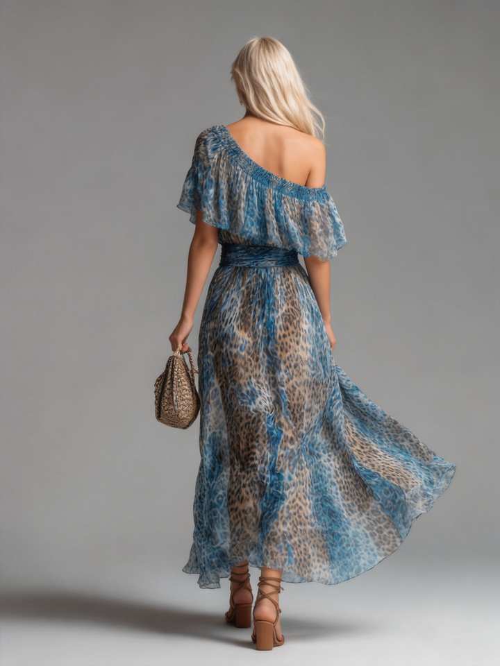 Selvaggia - Langes Chiffonkleid mit Leopardenmuster und freien Schultern