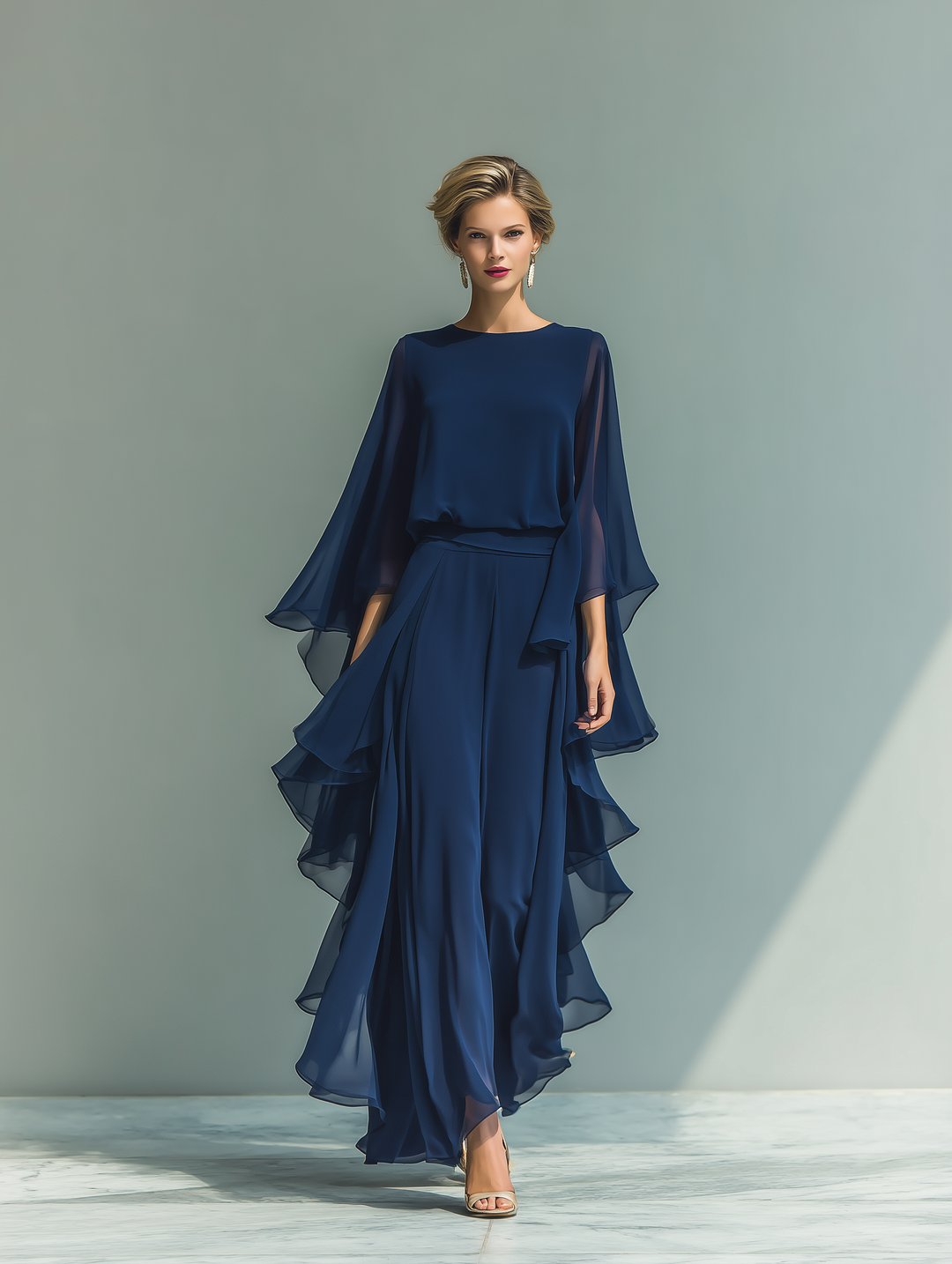 Ensemble en Chiffon Bleu Marine avec Manches Évasées et Pantalons à Jambe Droite avec Détails Ruchés