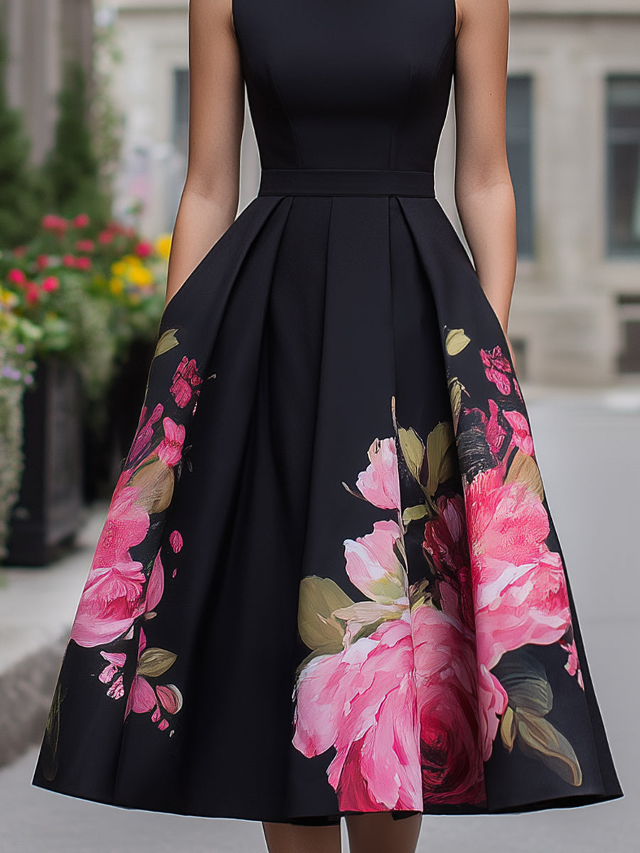 Elegantes ärmelloses Midikleid mit blumenbedrucktem Rock