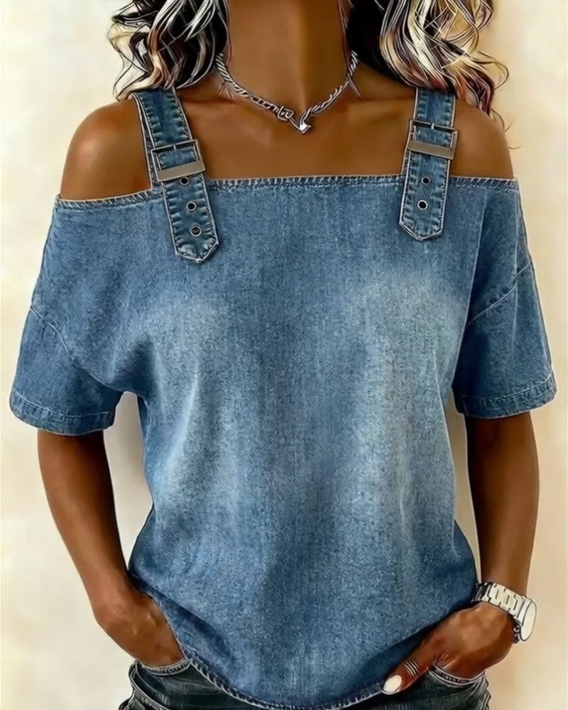 Schulterfreie Bluse aus Denim mit Hosenträgern