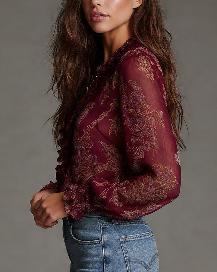 Demi-Zip-Bluse mit Retro-Rüschen