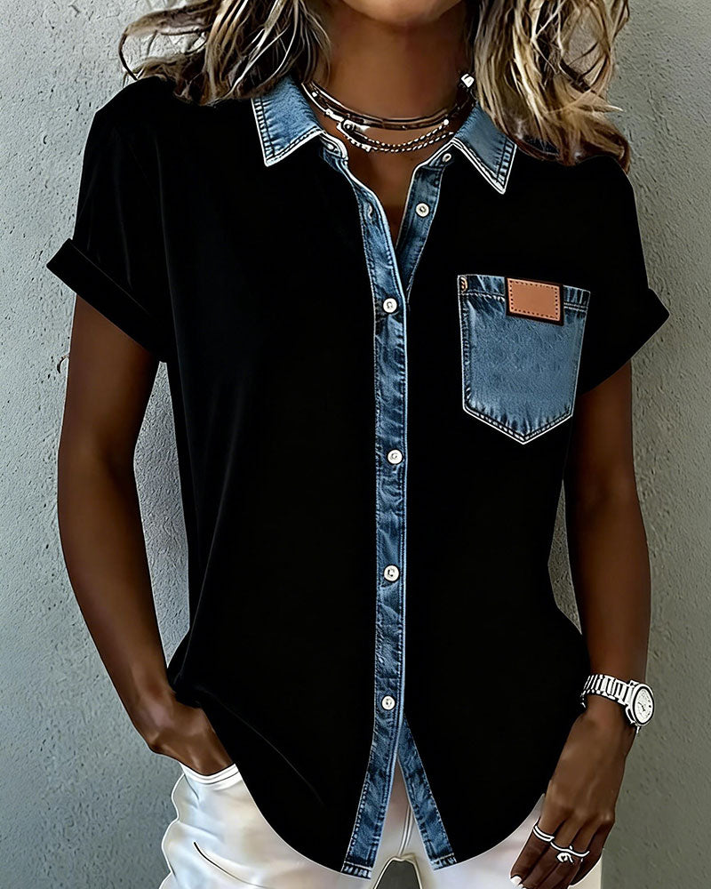 Denim Patchwork T-Shirt mit Aufschlägen