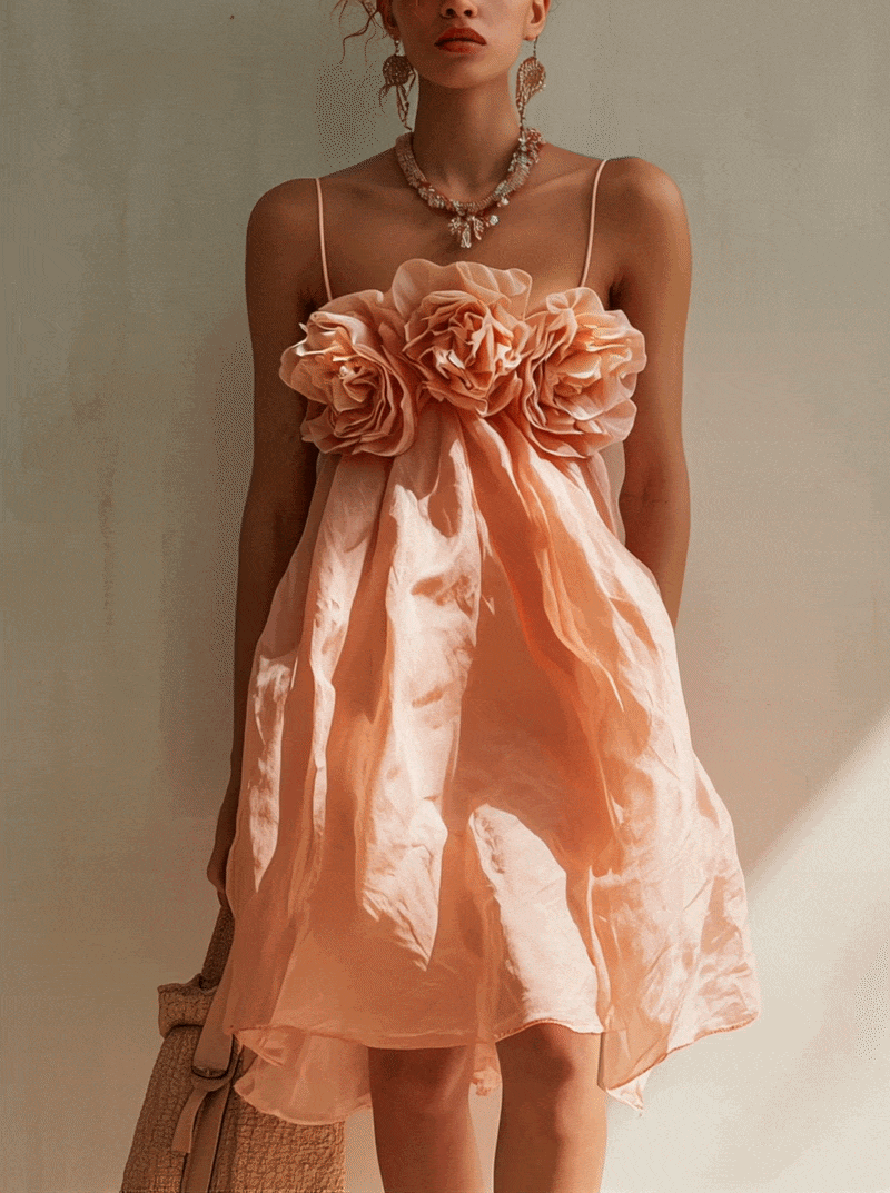 Rosa Minikleid aus Baumwolle mit 3D-Blumen