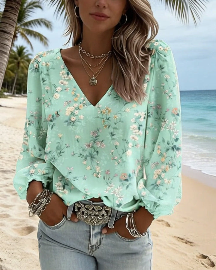 Florale Bluse V-Ausschnitt Puffärmel