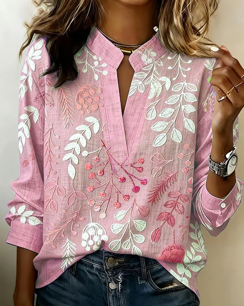 Bluse mit Blumendruck und hohem Kragen