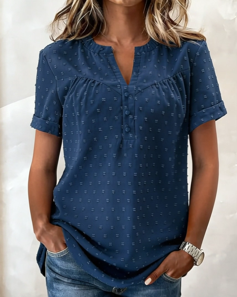 Jacquard-Bluse mit V-Ausschnitt, Halbknopfleiste und kurzen Ärmeln