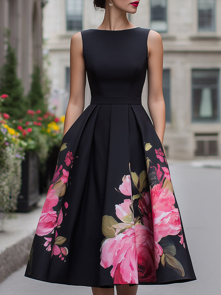 Elegantes ärmelloses Midikleid mit blumenbedrucktem Rock