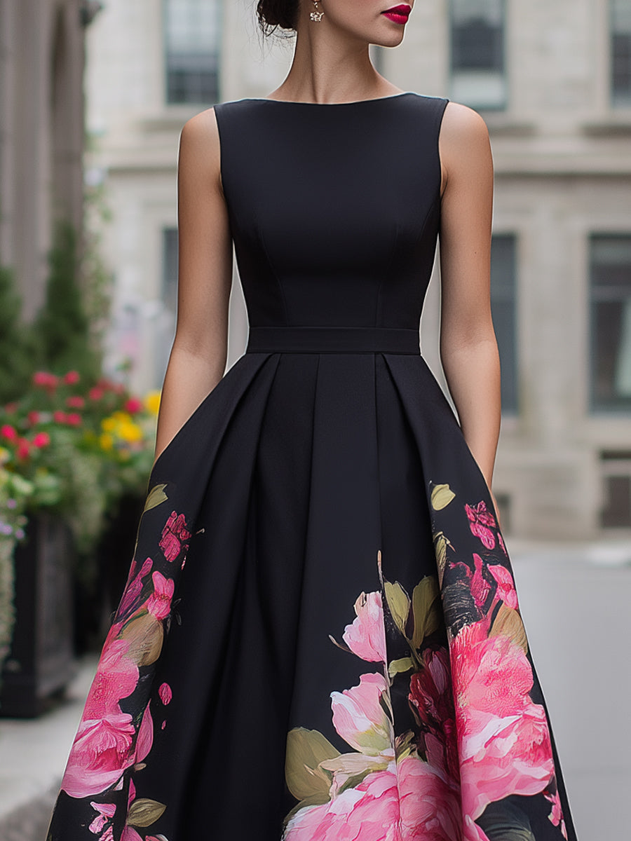 Elegantes ärmelloses Midikleid mit blumenbedrucktem Rock
