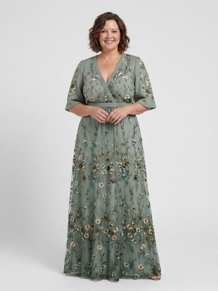 Evadne | Floral V-Ausschnitt Kurzärmeliges Maxikleid