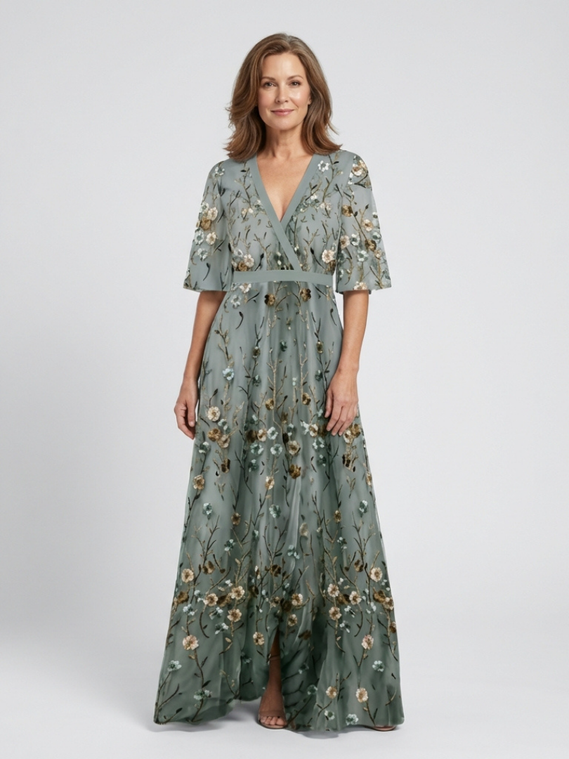 Evadne | Floral V-Ausschnitt Kurzärmeliges Maxikleid