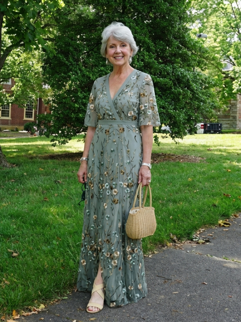 Evadne | Floral V-Ausschnitt Kurzärmeliges Maxikleid