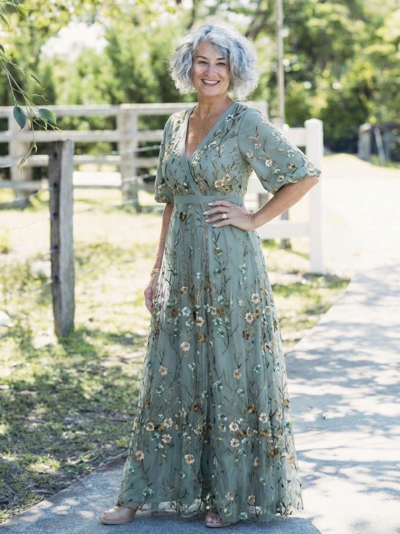 Evadne | Floral V-Ausschnitt Kurzärmeliges Maxikleid