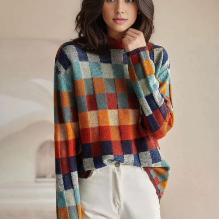 Adalynn™ - Bunter Rollkragenpullover mit Patchwork-Strickmuster