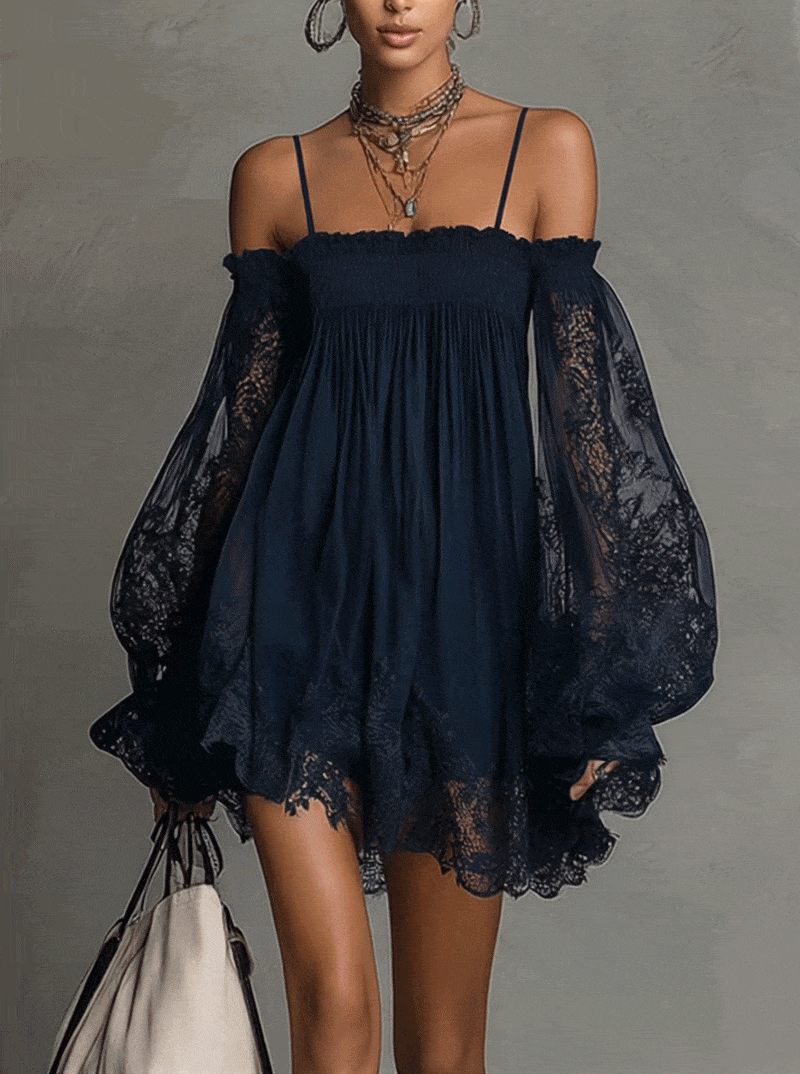Marineblaues Spitzenminikleid mit Trägern