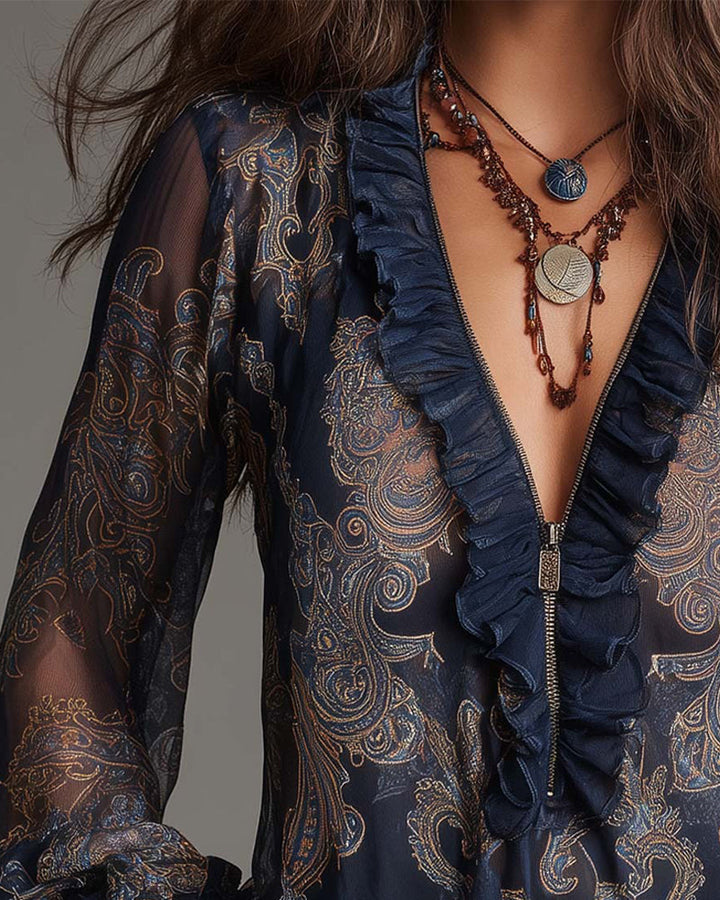 Demi-Zip-Bluse mit Retro-Rüschen