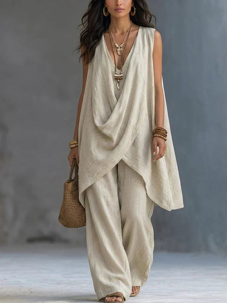 Locker sitzendes Set im Boho-Stil für Damen aus Baumwolle und Leinen
