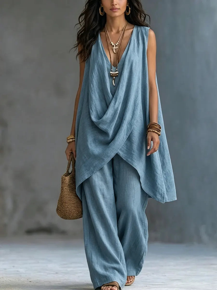 Locker sitzendes Set im Boho-Stil für Damen aus Baumwolle und Leinen