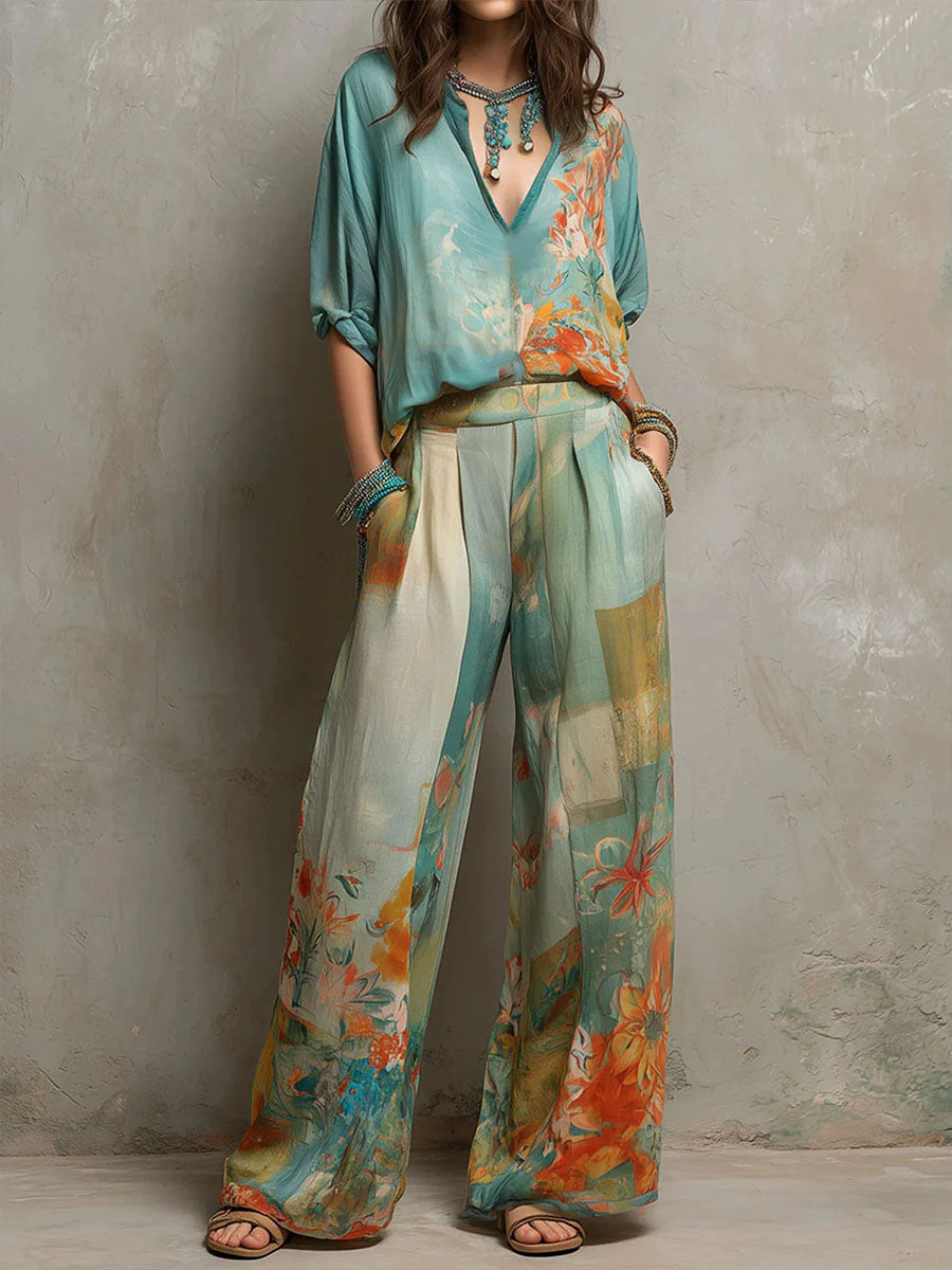 Chiara – Elegantes Set mit Blumenmuster und weit geschnittenen Hosen