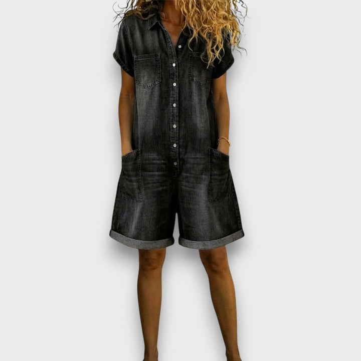 Joan | Vintage kurze Latzhose aus Baumwolle im Denim-Look