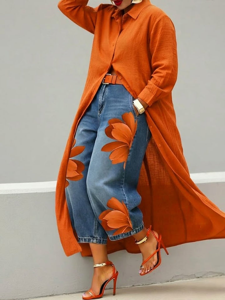 Daniella – Leinenkleid &amp; Florales Denim-Set