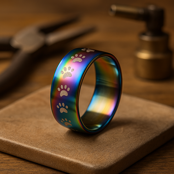 Handgefertigter regenbogenfarbener Edelstahlring mit Pfotenabdruck