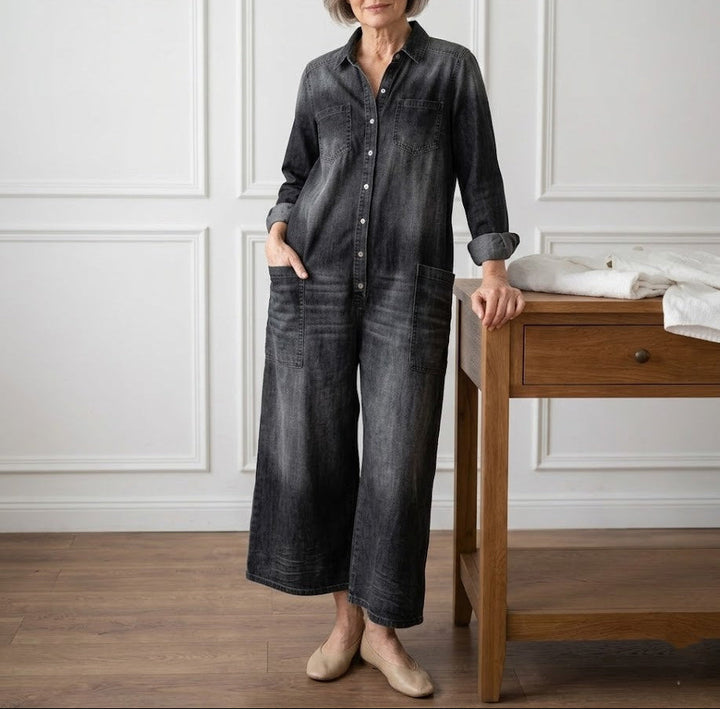 Diana | Vintage Washed Soft Cotton Denim Jumpsuit mit Knopfverschluss